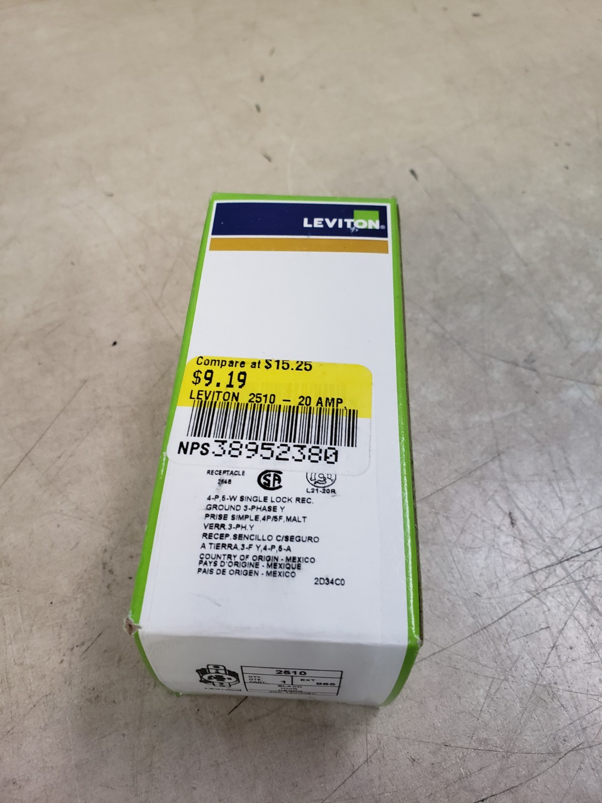 Leviton 2510 Twistlock Single Receptacle 20 Amp 120/250 Volt 4P5W