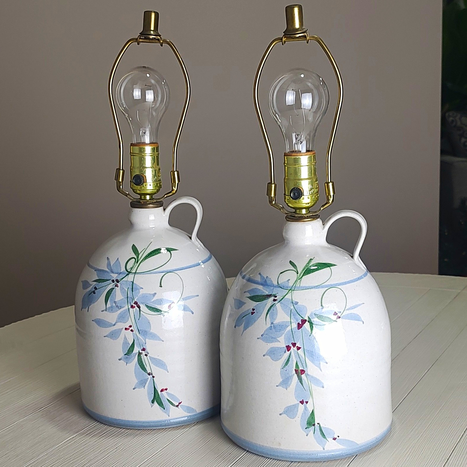 Pair Vintage California Ceramic  Jugs Designers Floral Table Lamp