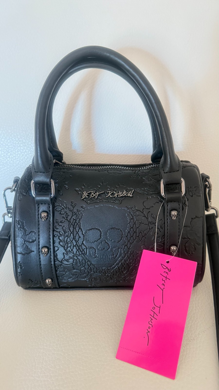 Betsey Johnson Mini Barrel Crossbody Purse Black w/ Embossed Skull #XOGABBI NWT