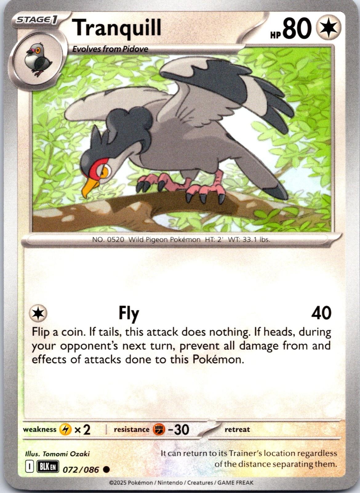 Tranquill 072/086 Common Black Bolt Pokemon NM Tranquill 072/086 Common Black Bolt Pokemon NM