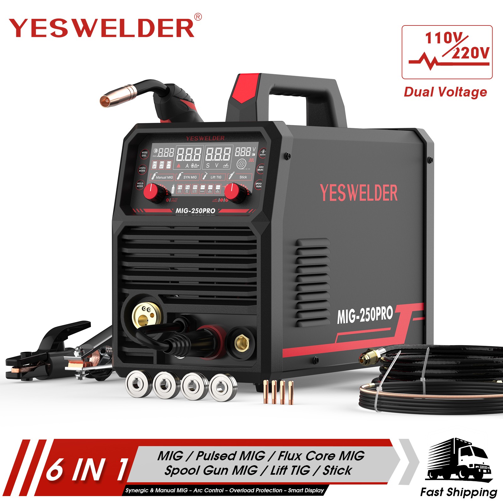 MIG Welder YESWELDER 250PRO, Advanced Display, Aluminum/Spool Gun Compatible
