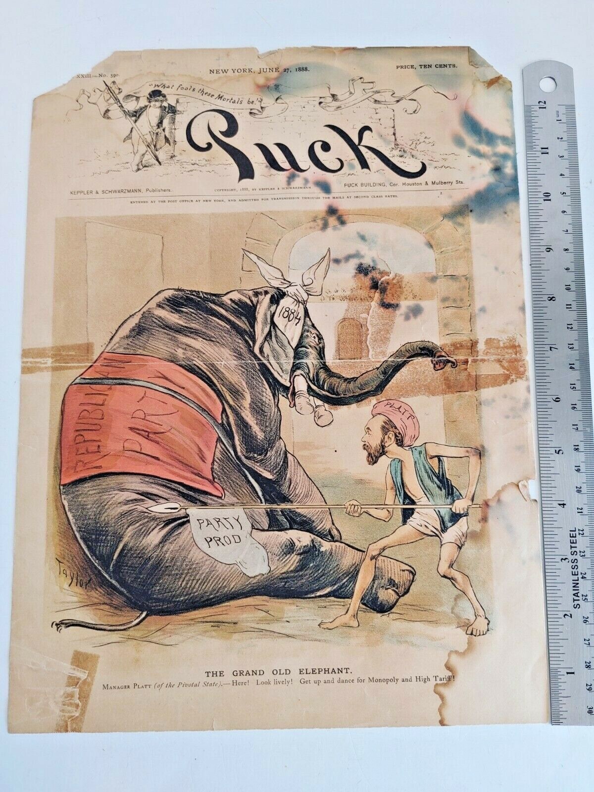 1888 Republican Political Cartoon Puck Magazine Cover AS IS #15239 1888 Republican Political Cartoon Puck Magazine Cover AS IS #15239
