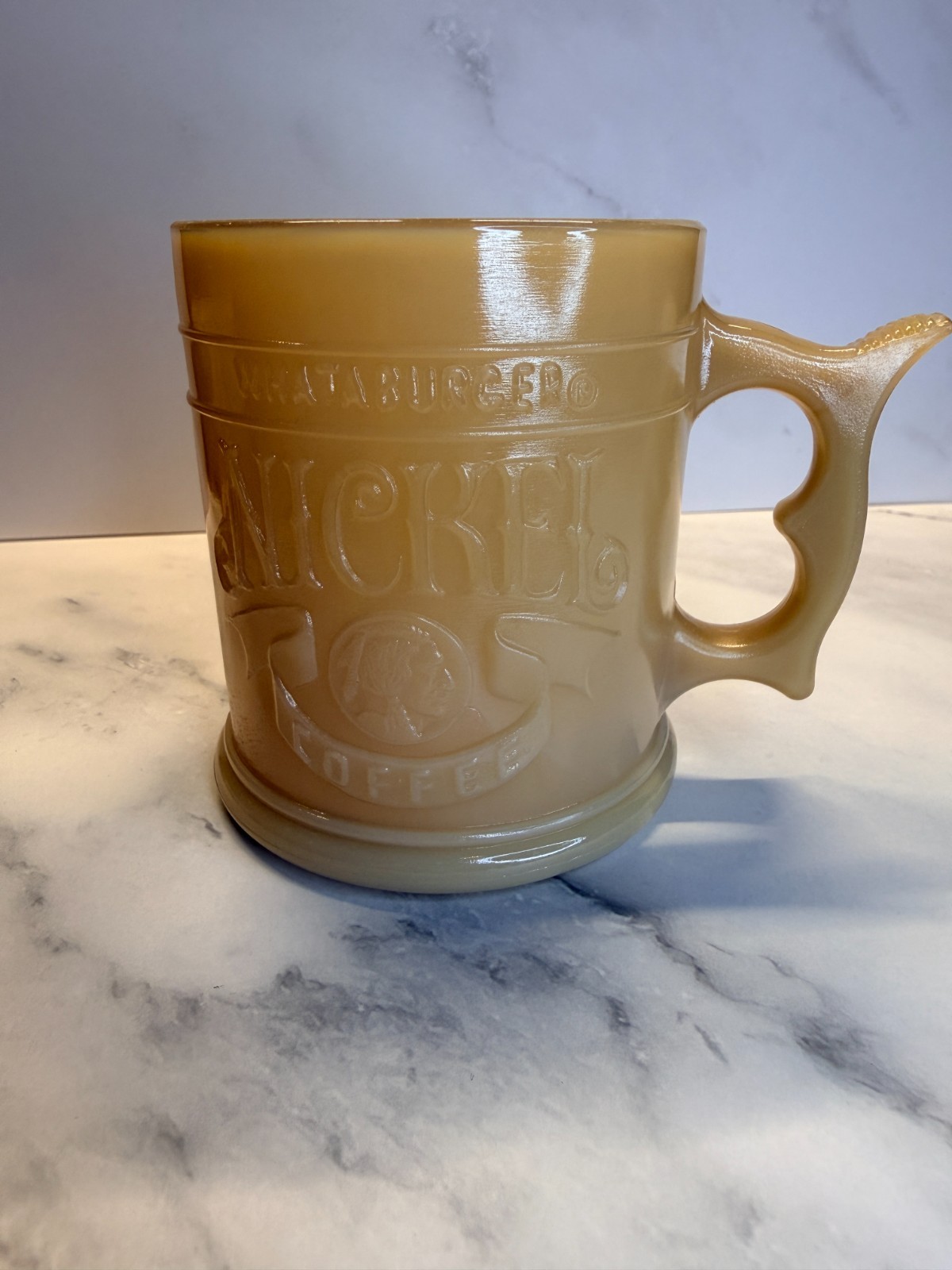 Vintage Whataburger Nickel Coffee Glass Mug Amber Milk Glass Indian Head Nickel Vintage Whataburger Nickel Coffee Glass Mug Amber Milk Glass Indian Head Nickel