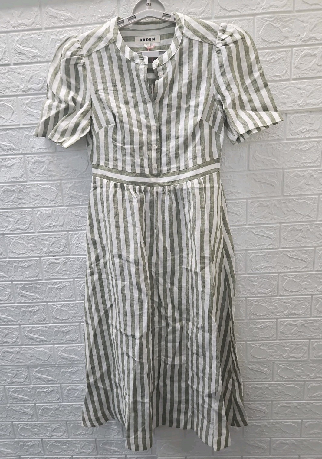 New Boden Ivy Button Linen Mini Dress Olive Ivory Stripe Size 6R New Boden Ivy Button Linen Mini Dress Olive Ivory Stripe Size 6R