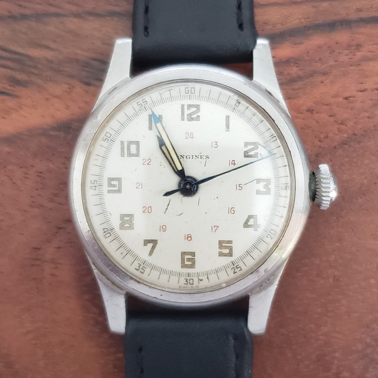 1940s Vintage Longines 10L Military Style Mechanical Wristwatch 24HR Dial, Steel