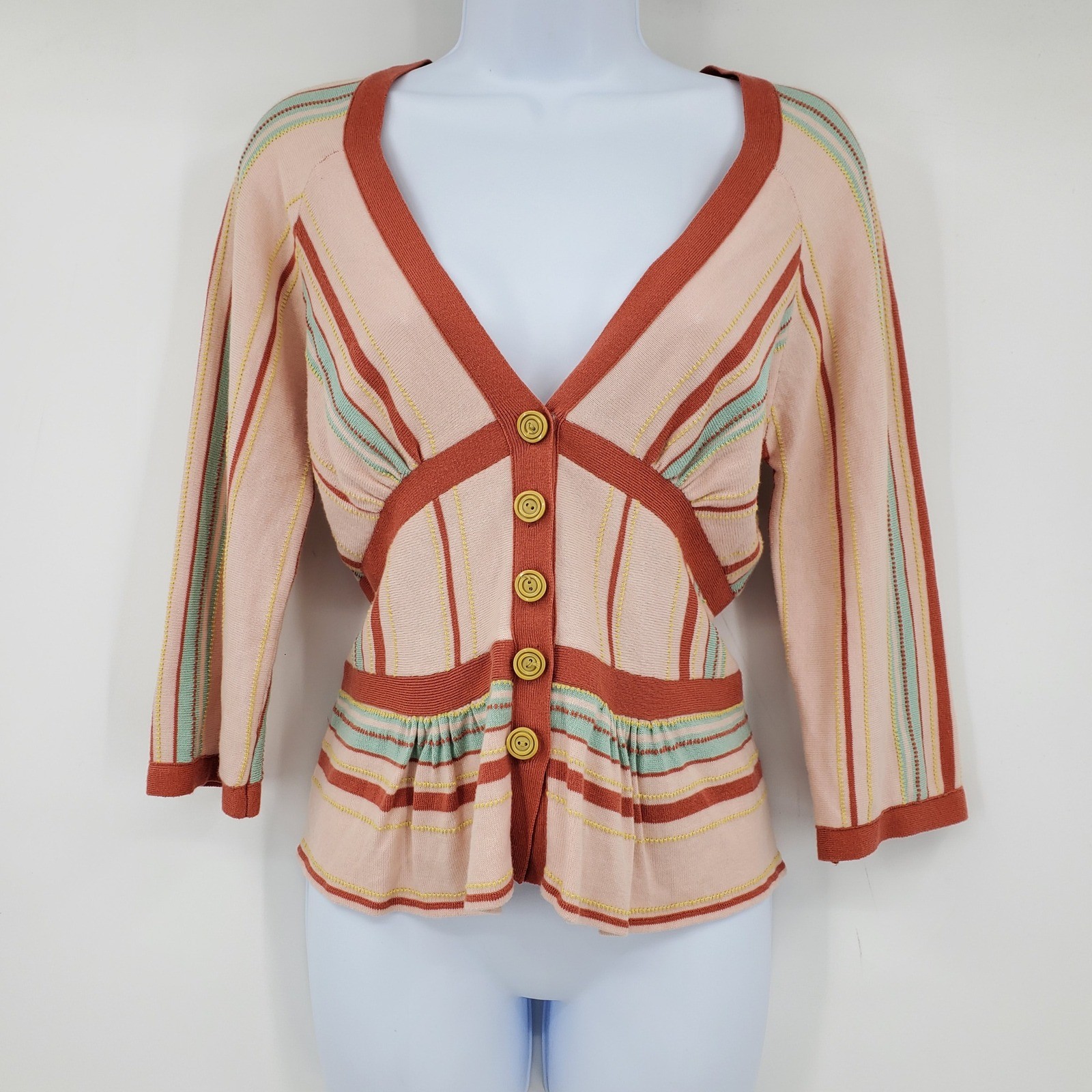 Guinevere Anthropologie Striped Cardigan V-Neck 3/4 Sleeve L Boho Cottage Preppy
