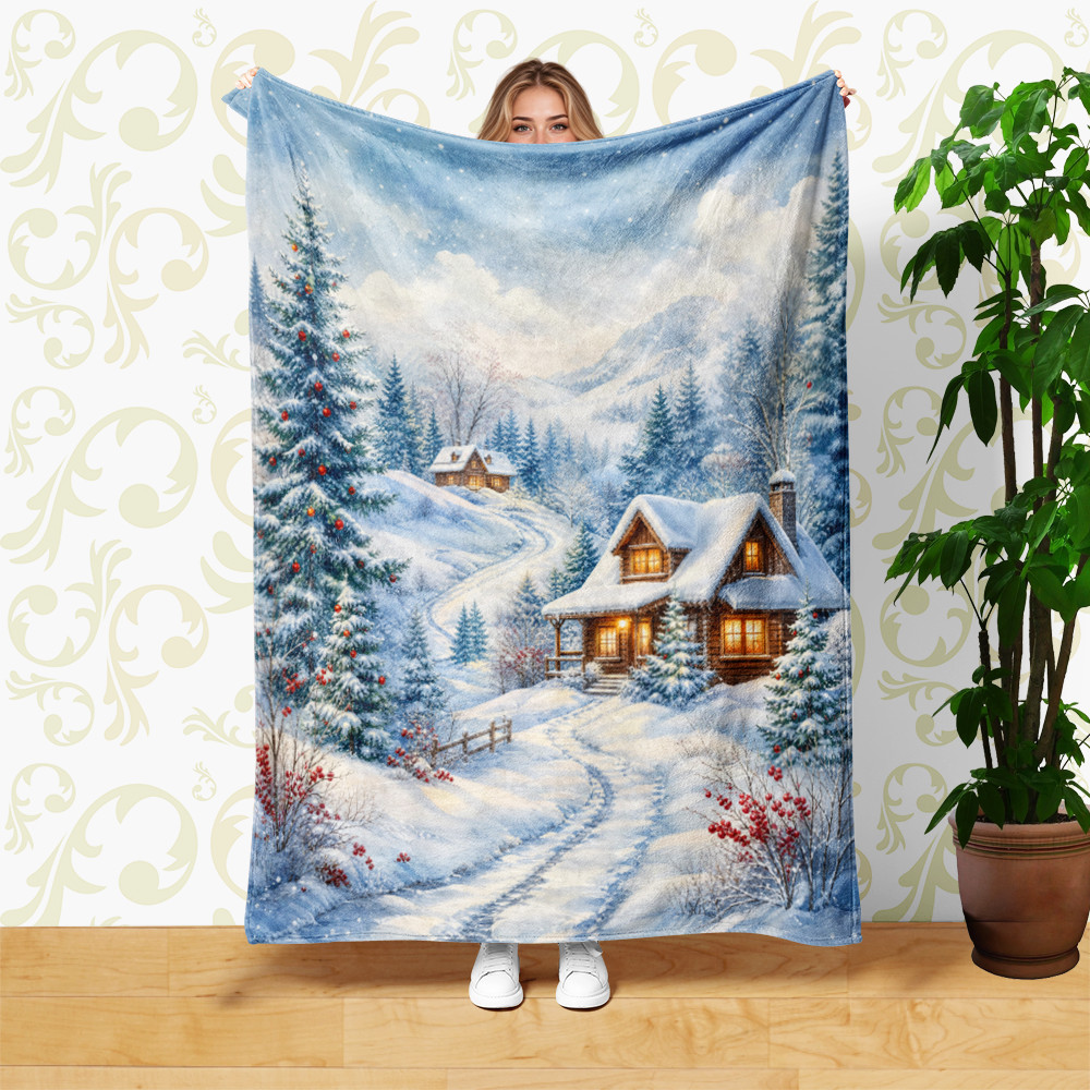 Snowy Christmas Cabin Coral Fleece Blanket Winter Holiday Decor