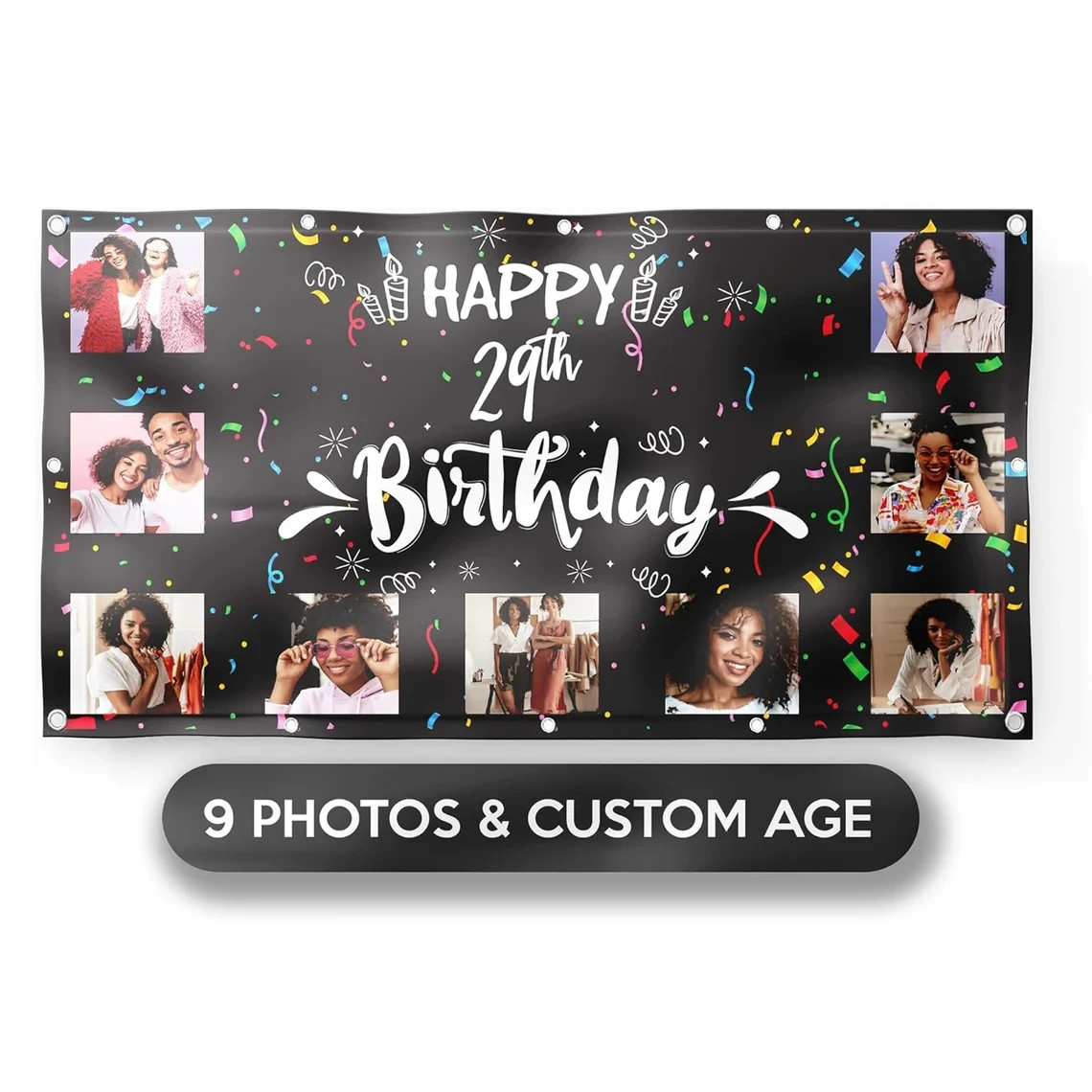 Custom 9 Photo Happy Birthday Banner with Personalized Age 3x5 Feet Custom 9 Photo Happy Birthday Banner with Personalized Age 3x5 Feet