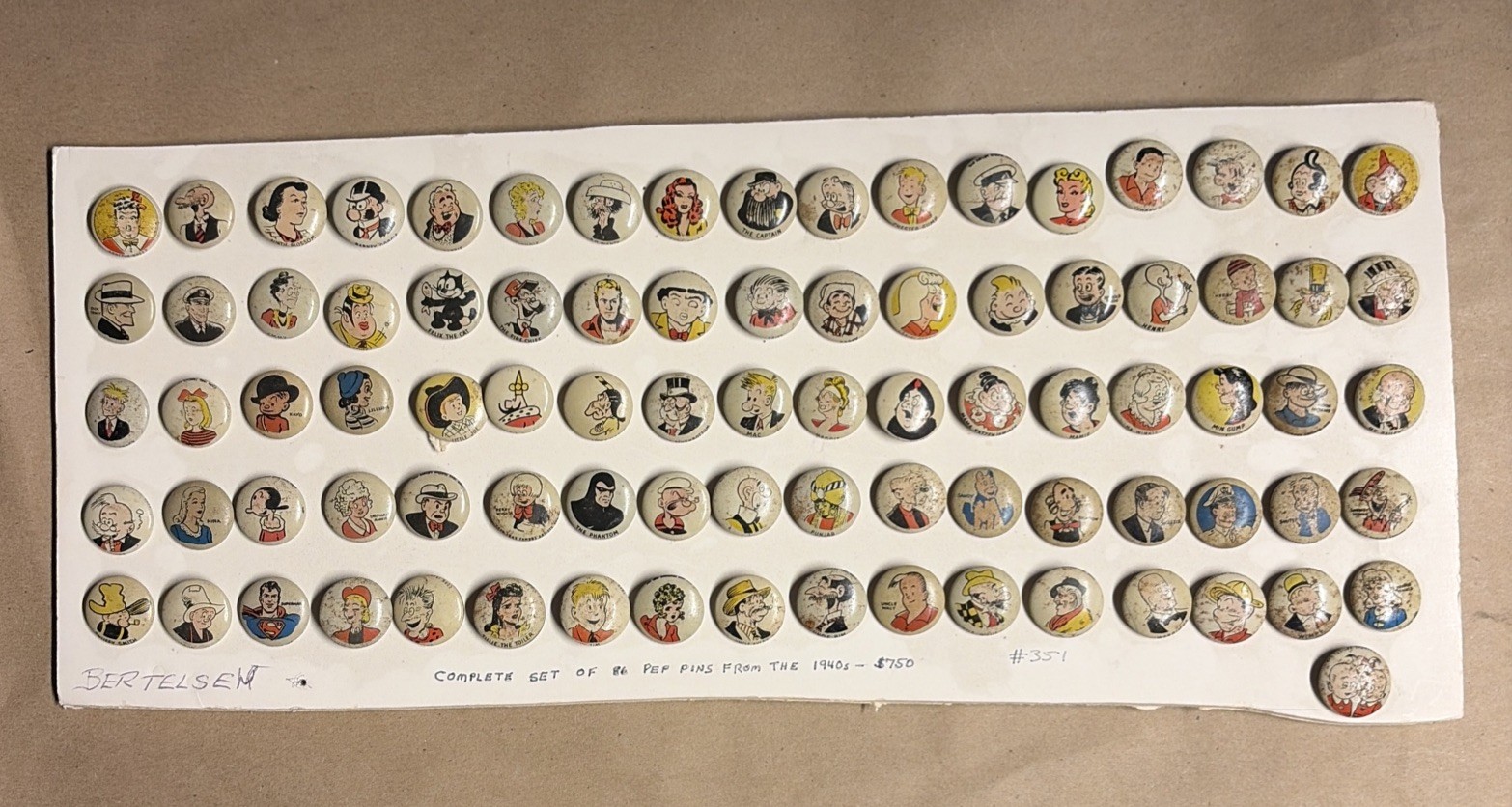 ORIGINAL COMPLETE CIRCA 1940S KELLOGG\'S PEP CEREAL PREMIUM PINS LOT OF 86 ORIGINAL COMPLETE CIRCA 1940S KELLOGG\'S PEP CEREAL PREMIUM PINS LOT OF 86