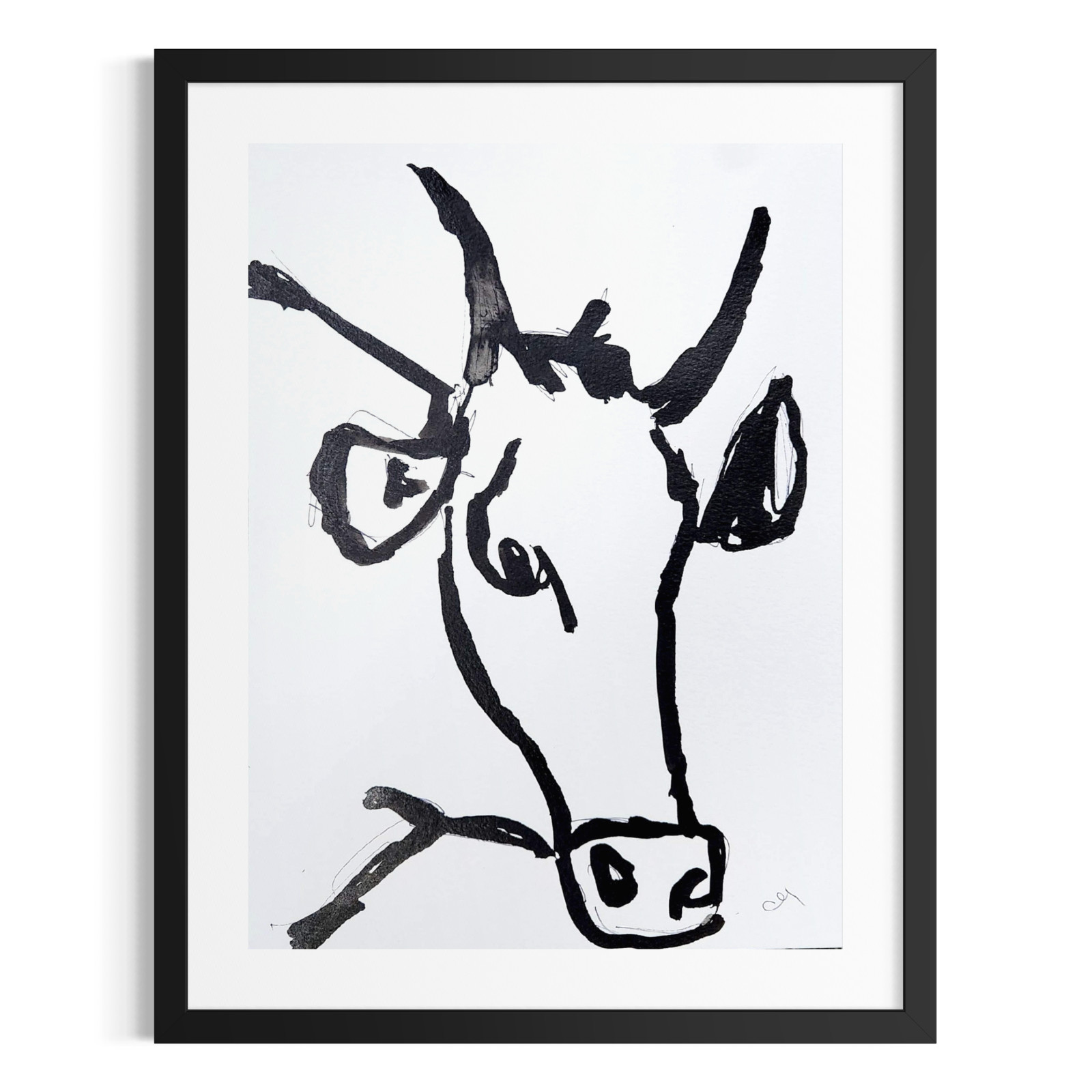 Original Abstract Bull 9x12 Cow Western Painting Black White Acrylic Ink Art