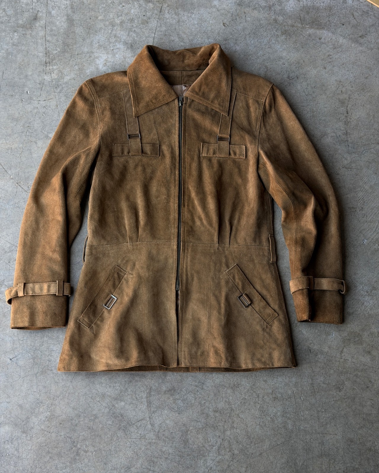 Vintage 70s Suede Leather Jacket Womens S Tan Zip Belted Buckle Peplum Safari