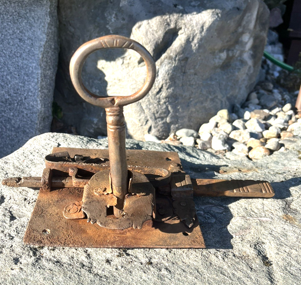 Antique Primitive 18th C to 19th C Working Wrought Iron Door Lock w/ Key