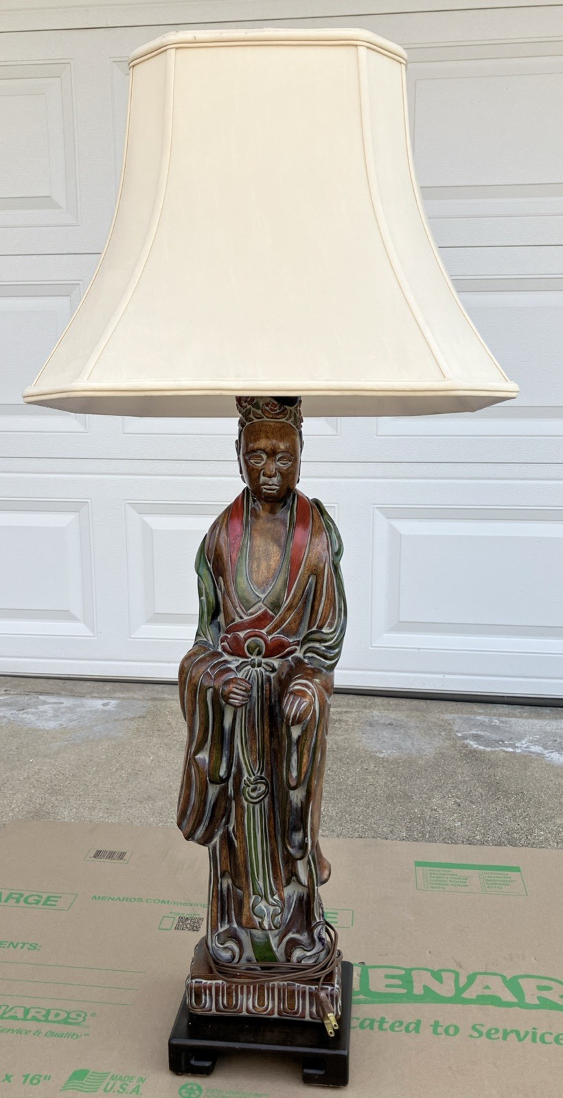 Vintage Frederick Cooper Quan Yin Table Lamp Asian Figural Faux Wood Chalkware