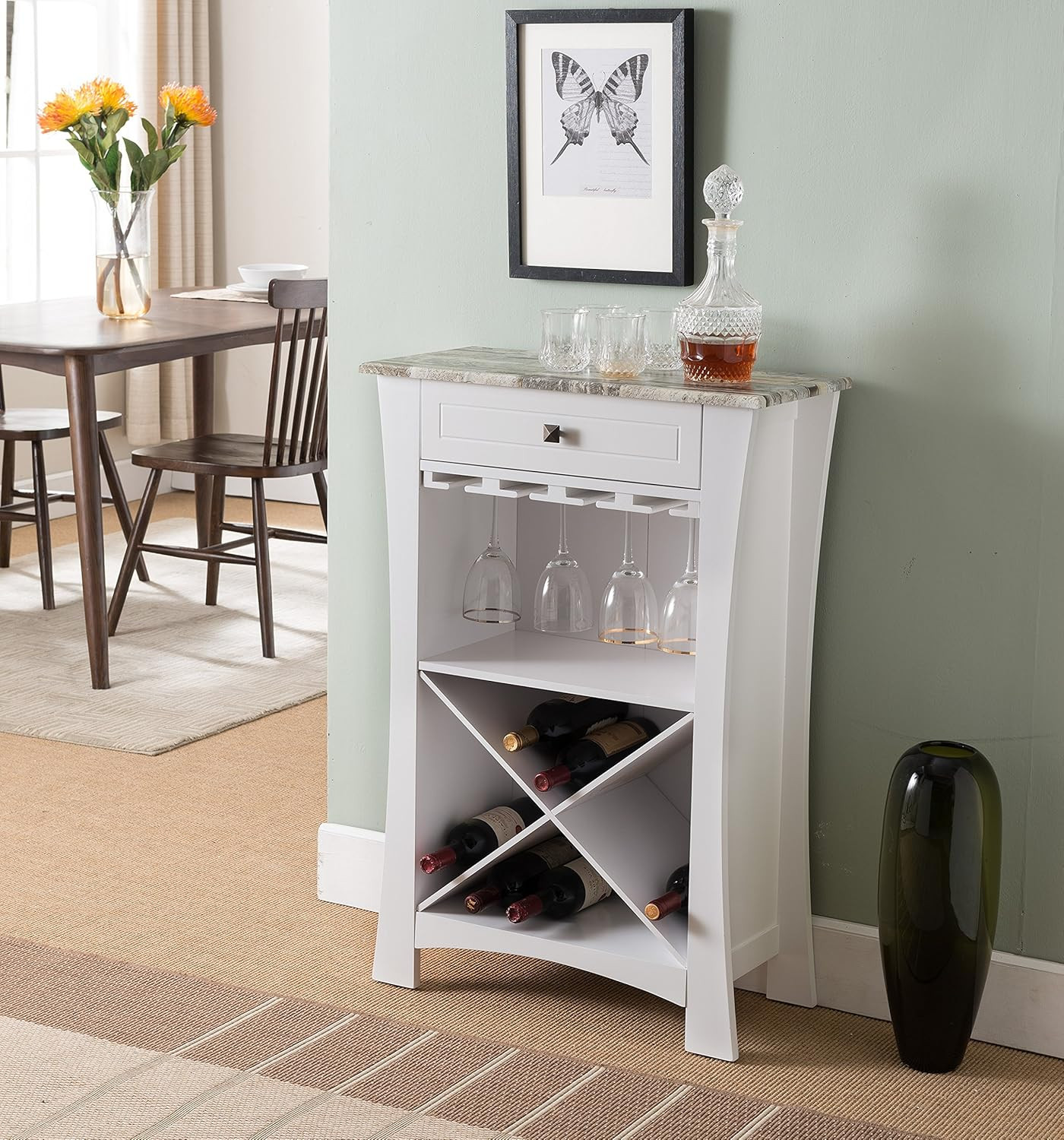 Elegant White Bar Cabinet with Glass Holders & Drawer for Wine Storage Elegant White Bar Cabinet with Glass Holders & Drawer for Wine Storage