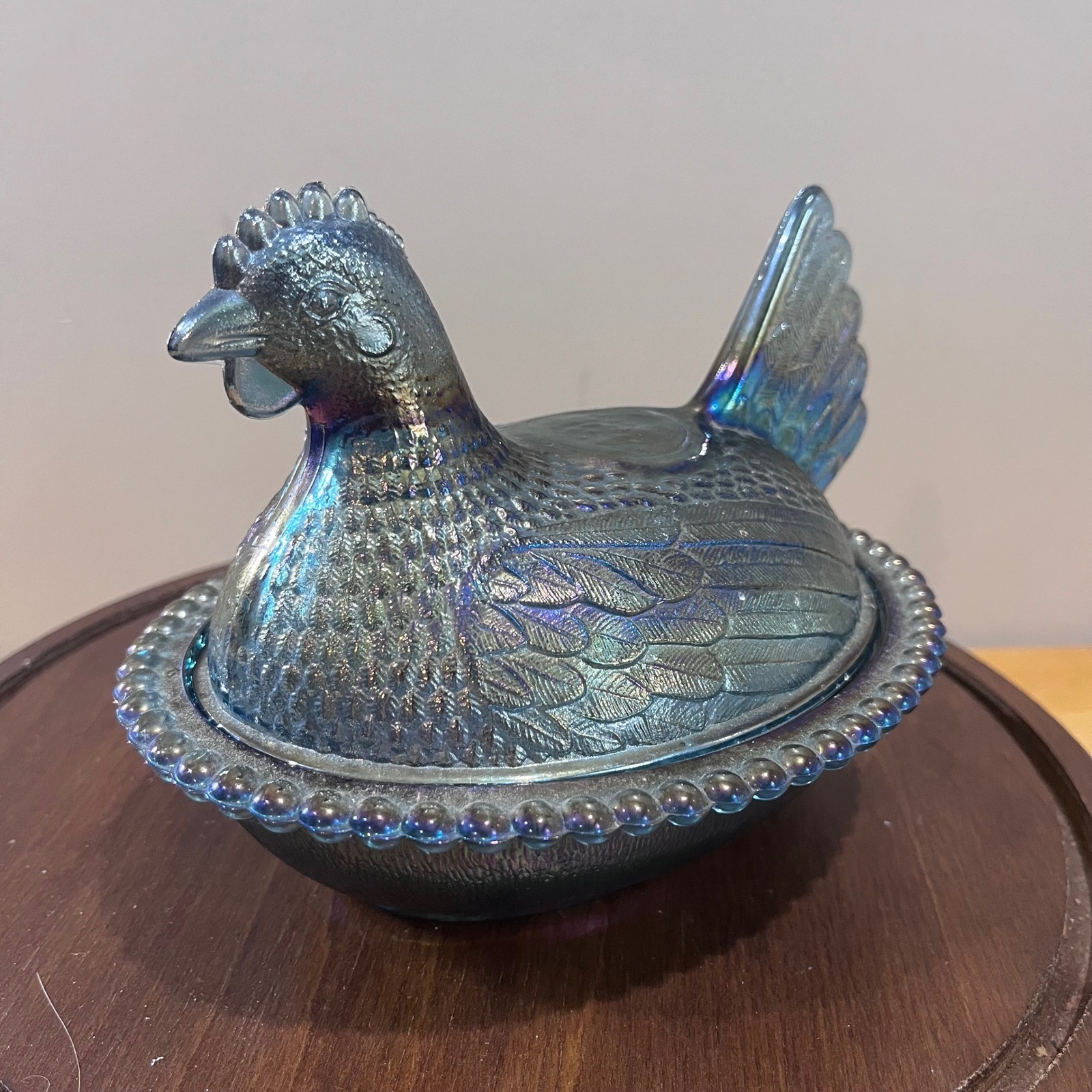 Vtg Indiana Glass Blue Carnival Glass Hen on Nest Iridescent Beaded Dish 6