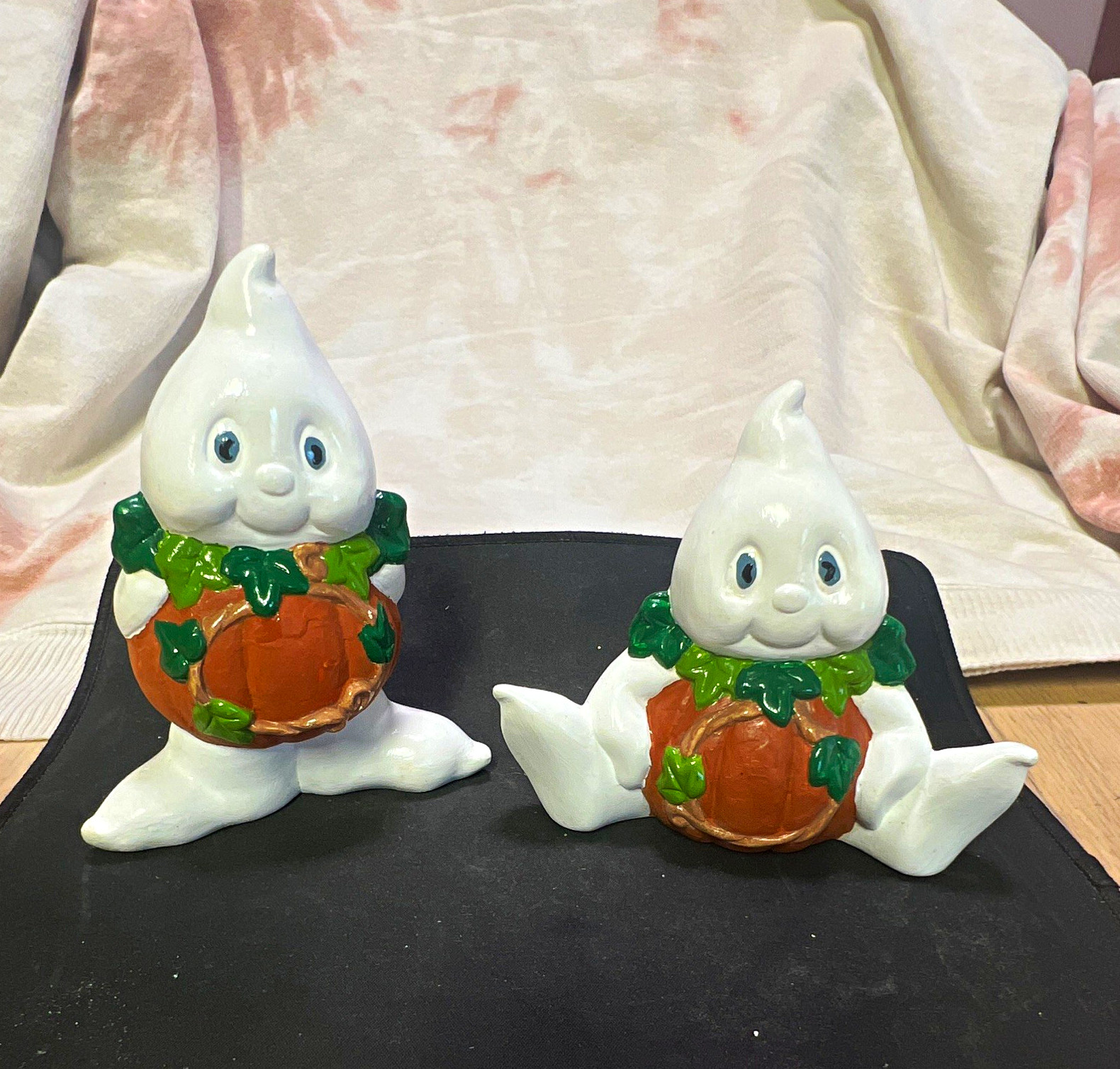 Vintage Ceramic Halloween Pumpkin Belly Ghost Figurines, Hand Painted Pair