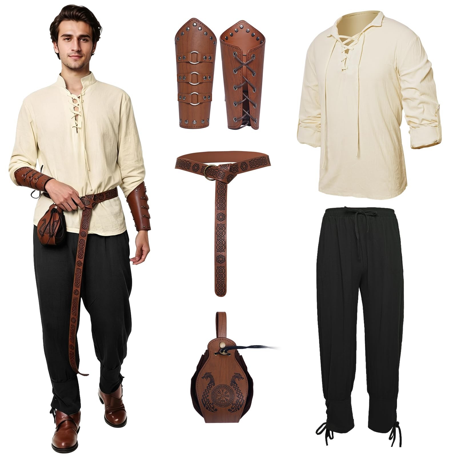 5 Pcs Men's Medieval Renaissance Pirate Costume set for Halloween 5 Pcs Men's Medieval Renaissance Pirate Costume set for Halloween