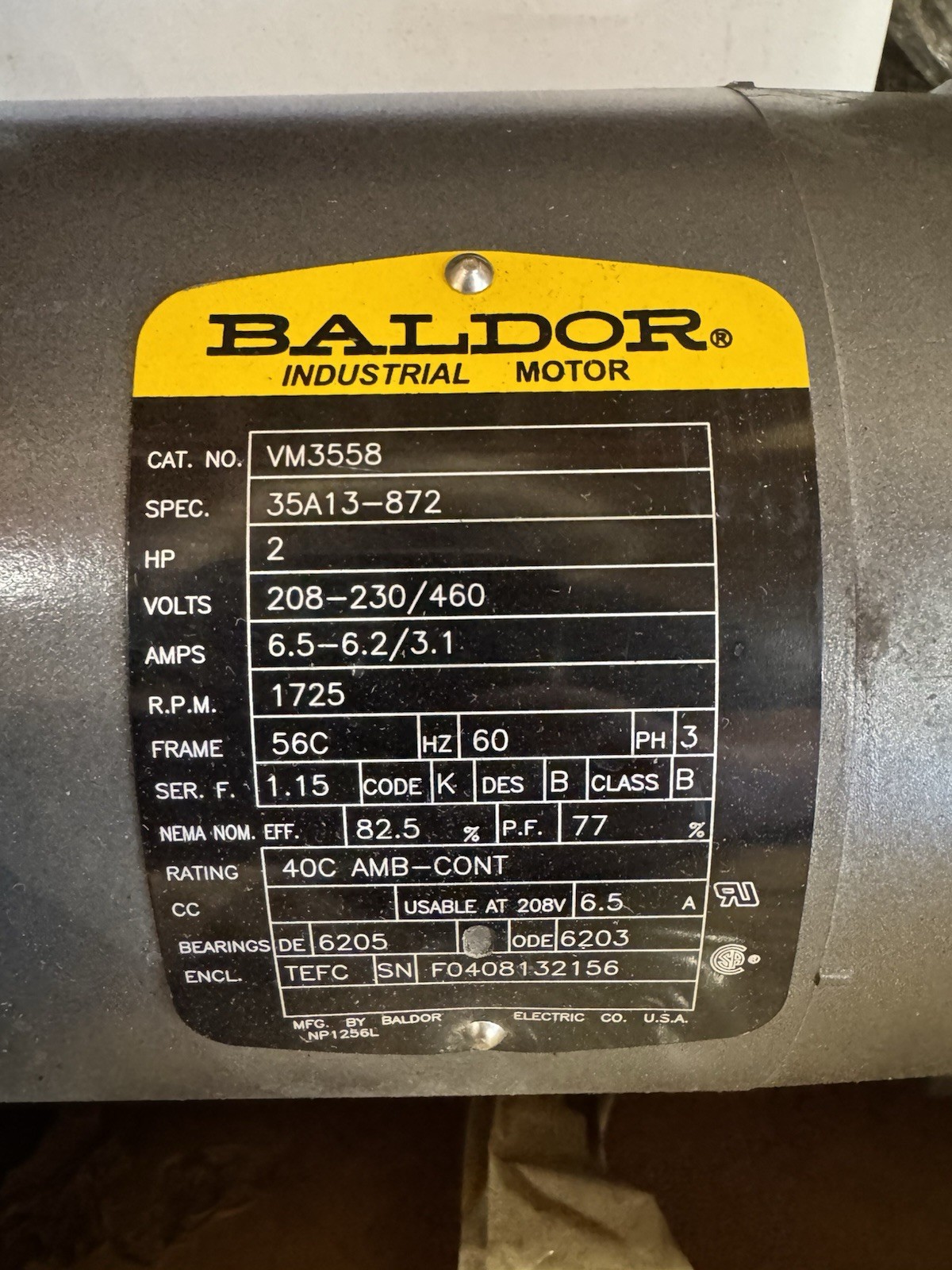 Baldor VM3558 2HP 3-Phase AC Induction Motor 208-230/460V 1725RPM TEFC 56C