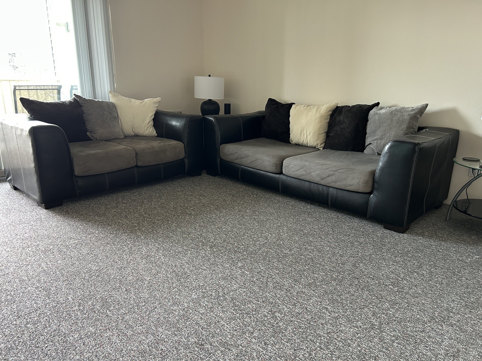 Black Faux Leather & Gray Microfiber Sofa Loveseat Set w/Pillows
