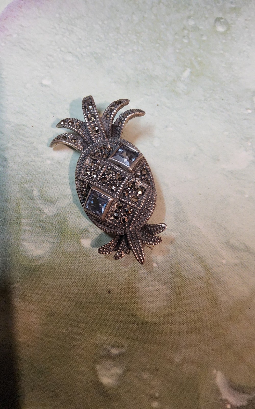 VINTAGE sterling silver 925 marcasite light blue crystal geometric pineapple...