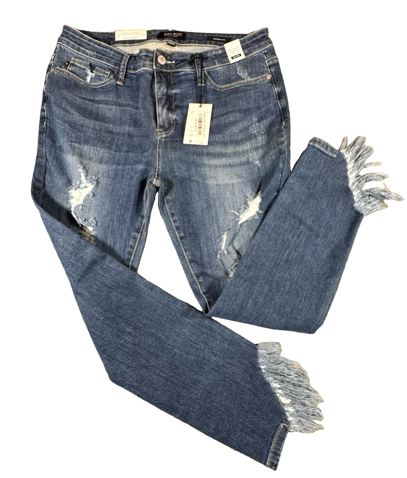 Judy Blue Jeans Juniors 15/32 Mid Rise Frayed Ankle Distressed Boho Skinny New
