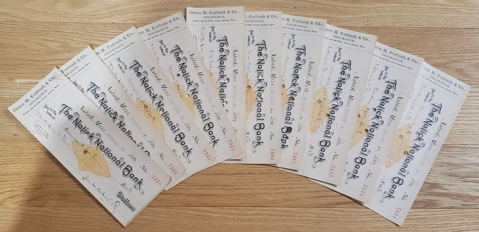 Lot of 10 1899 The Natick Natioal Bank Checks with RN-X7 Revenue Imprint Lot of 10 1899 The Natick Natioal Bank Checks with RN-X7 Revenue Imprint