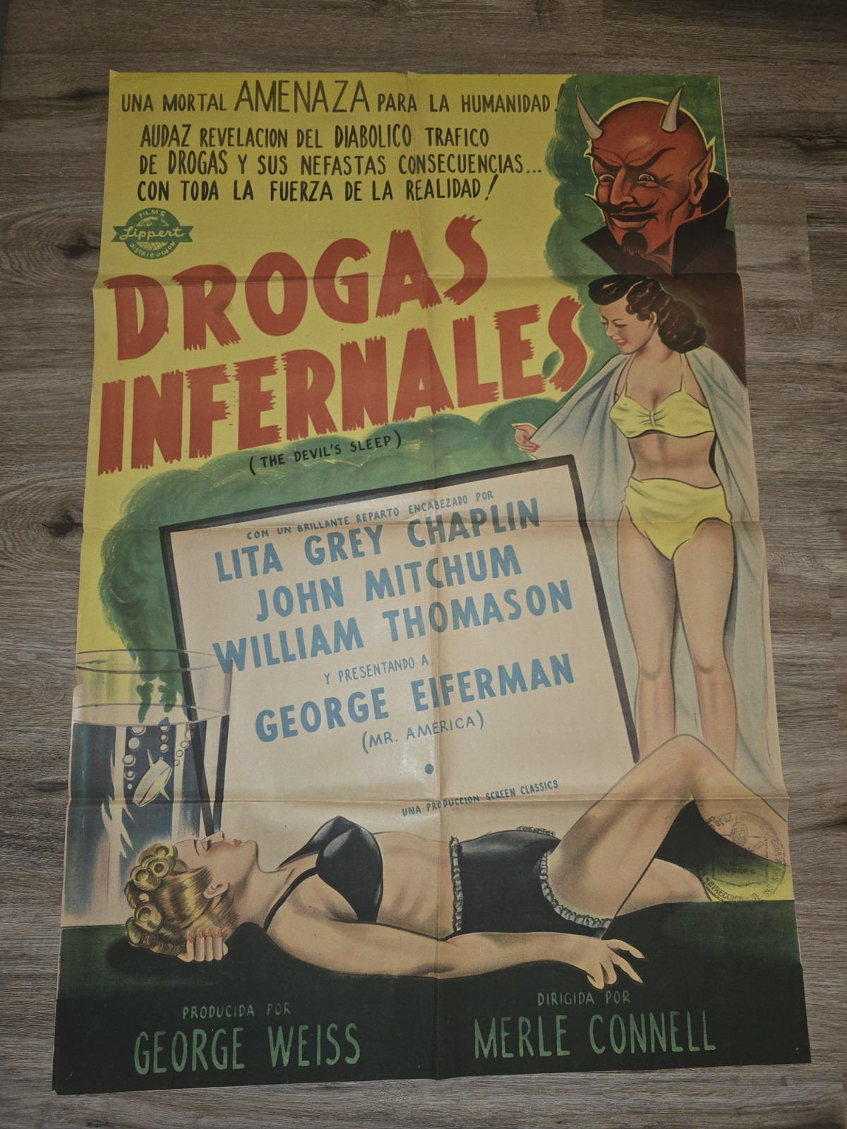 THE DEVIL’S SLEEP, ORIGINAL ONE-SHEET MOVIE POSTER 1949 DRUG PROPAGANDA, SPANISH