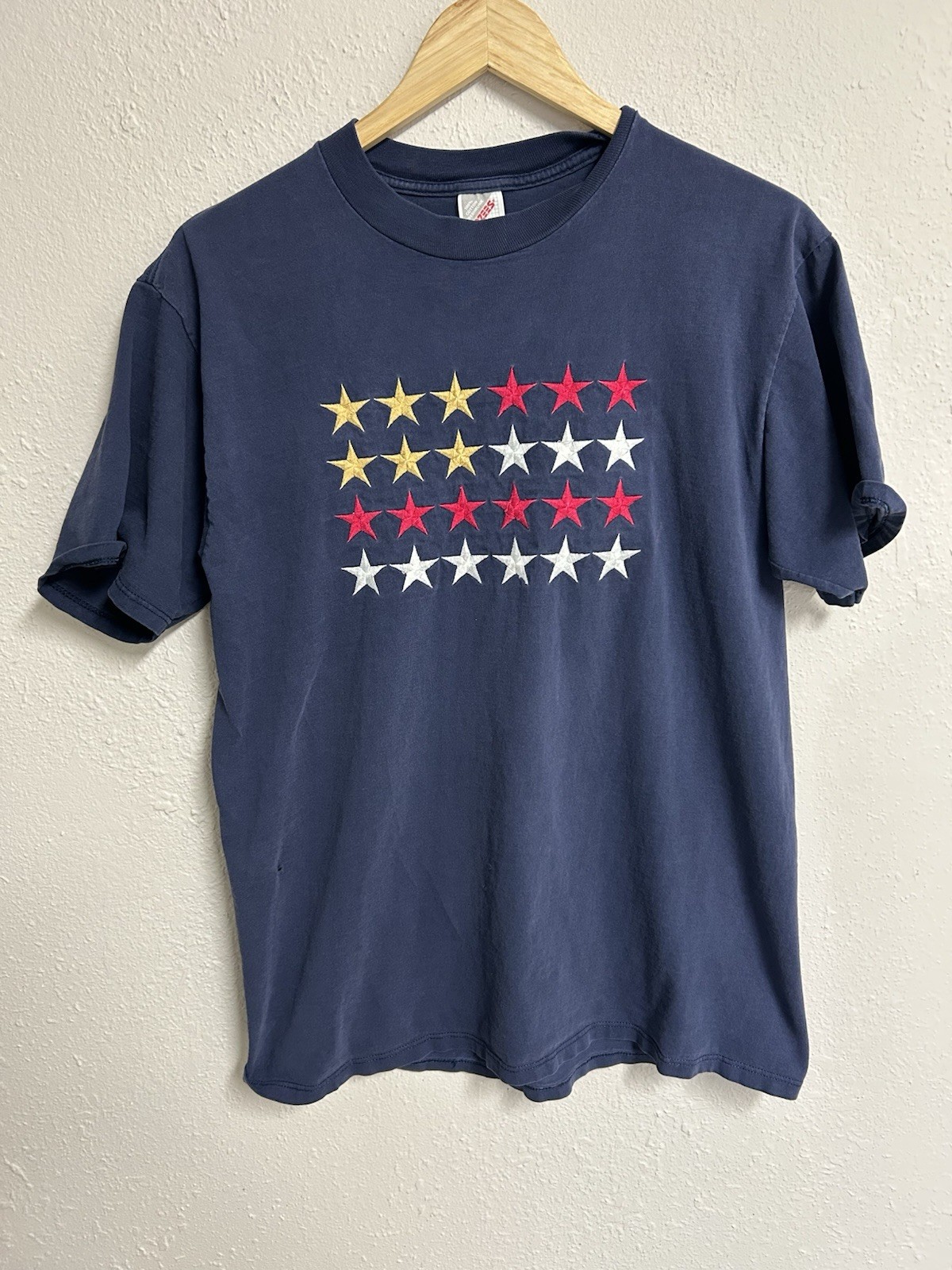 Vintage Jerzees T Shirt Mens Large USA Made Embroidered Stars Navy Blue Flawed