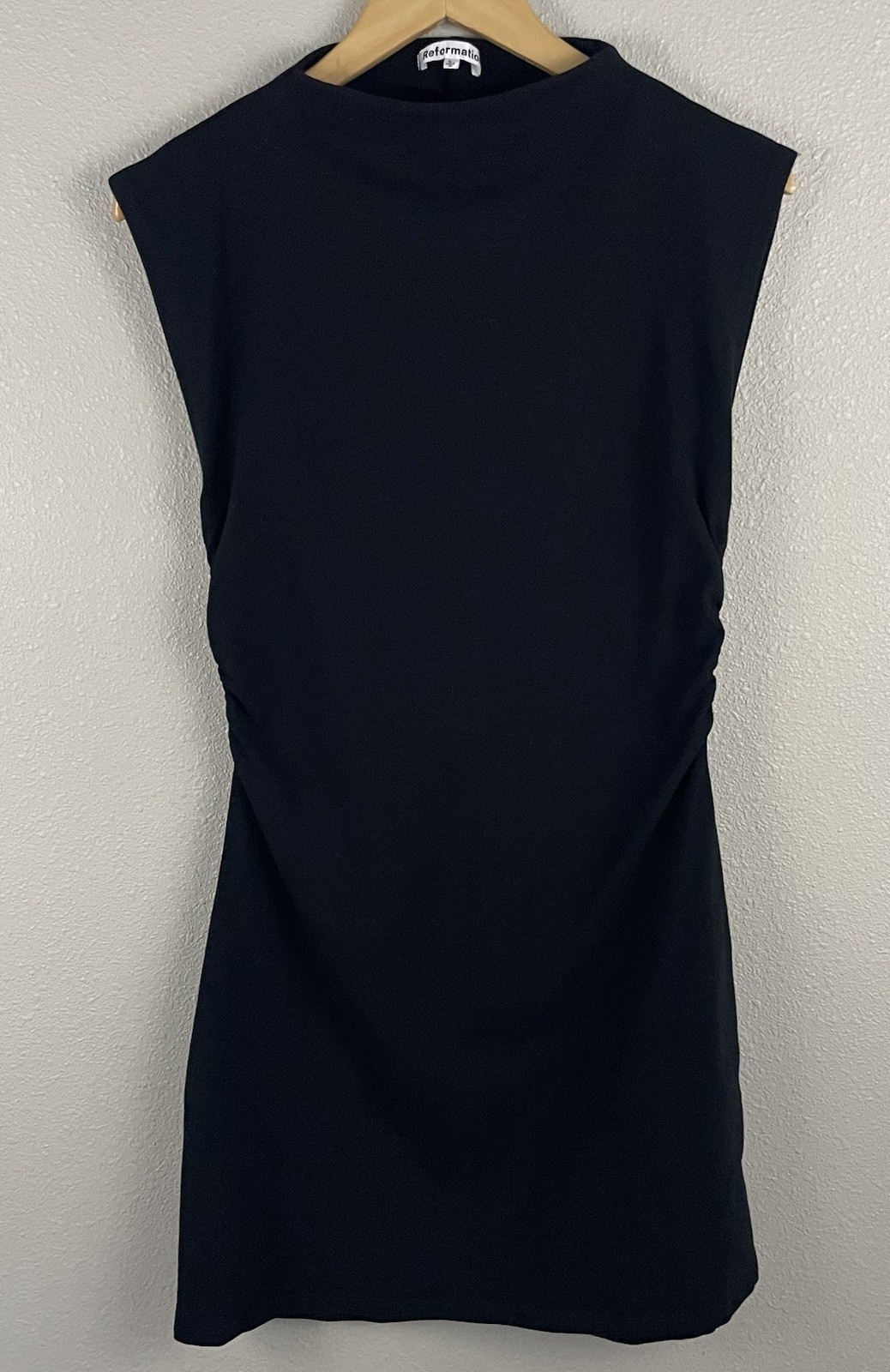 Reformation L Black Alden Mini Dress Mock Neck Side Ruching Fitted LBD