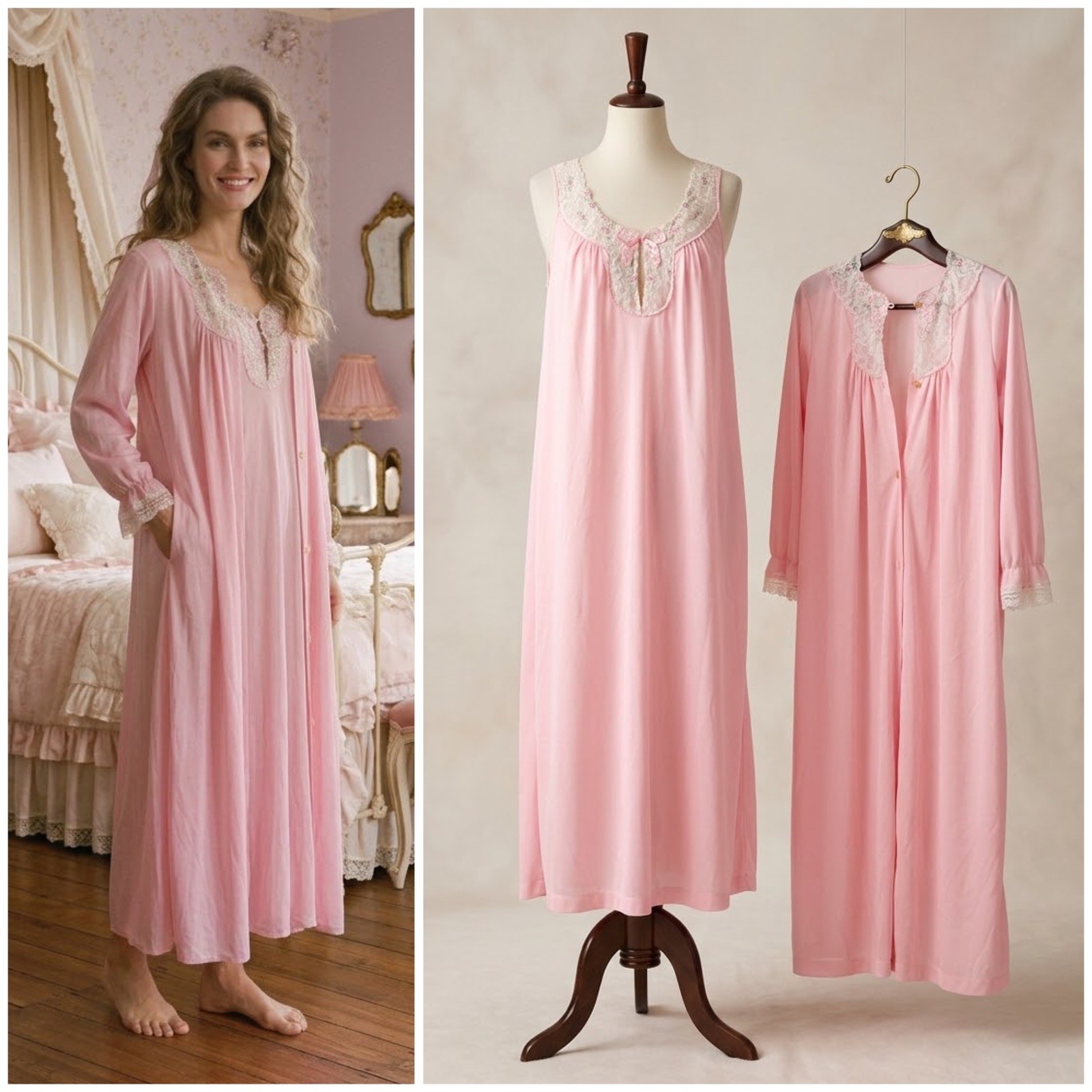 VTG 60s Komar Floral Pink House Peignor Dress Cottage Coquette Victorian Set L