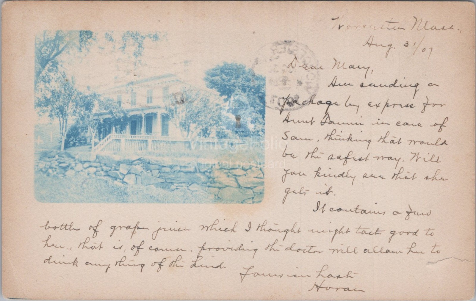 Victorian House Worcester MA Porch Stone Wall Cyanotype 1907 RPPC Photo Postcard