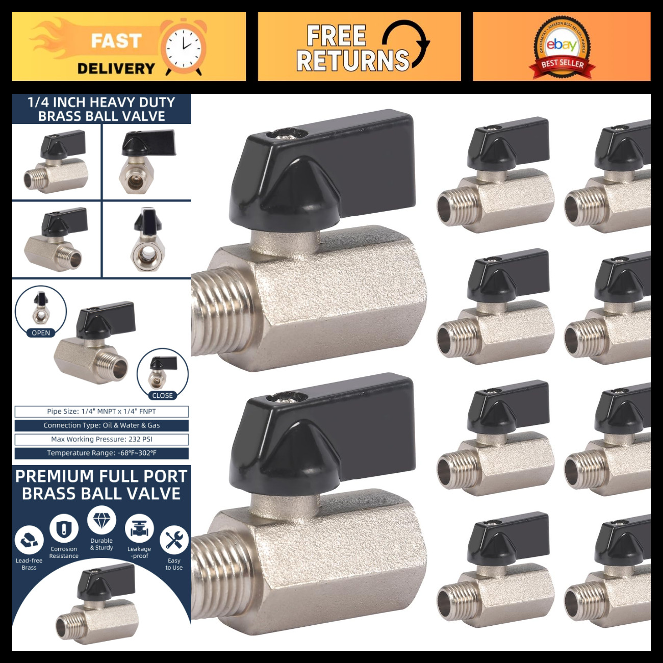 10 Pack Mini Brass Ball Valves 1/4\ 10 Pack Mini Brass Ball Valves 1/4\