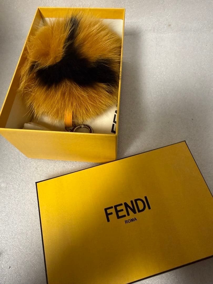 Authentic FENDI Pom Pom Fur Charm Keychain Bag Charm Fur Leather Brown Keyring