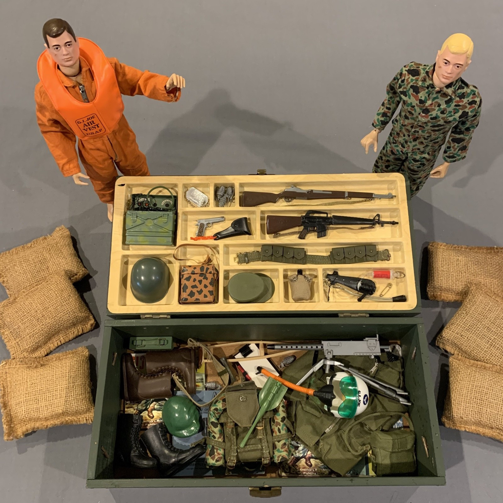 Vintage 1964 GI Joe Action Pilot and Marine Figures, Accessories, Footlocker