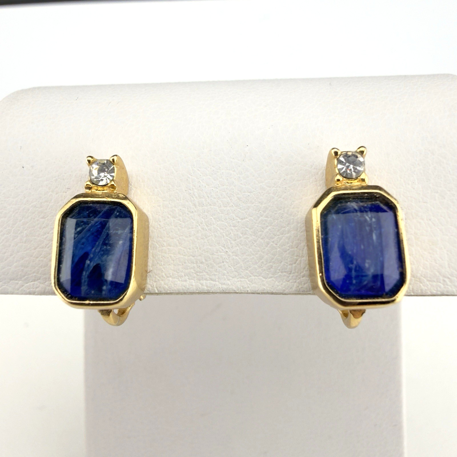 Vintage Christian Dior Clip On Earrings Blue Stones Gold Tone Setting Signed Vintage Christian Dior Clip On Earrings Blue Stones Gold Tone Setting Signed