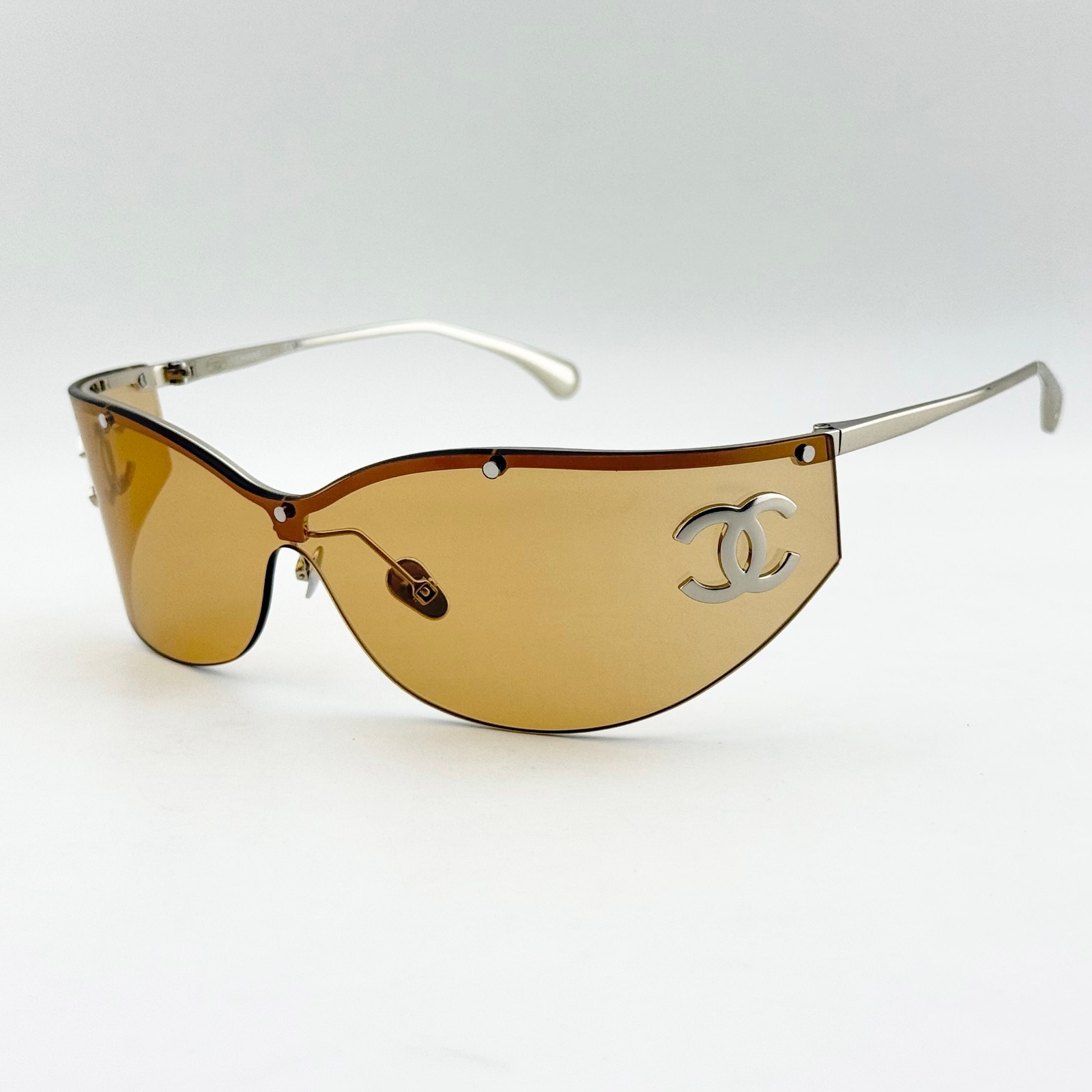 CHANEL CHA71787 Shield Sunglasses Silver Frame Brown Lens CC Logo Women