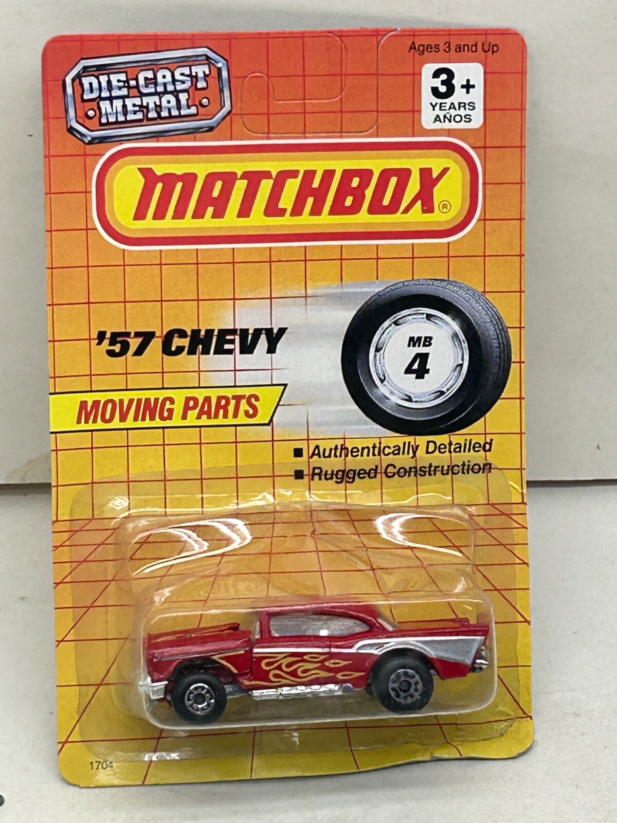 1992 MATCHBOX SUPERFAST 4 RED WITH FLAMES FLIP NOSE 57 CHEVY NEW ON DAMAGED CARD 1992 MATCHBOX SUPERFAST 4 RED WITH FLAMES FLIP NOSE 57 CHEVY NEW ON DAMAGED CARD