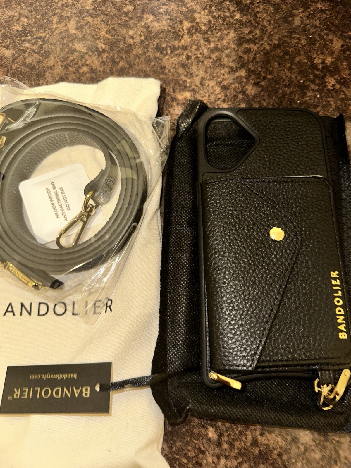 Bandolier Remi Magnet Crossbody Black-Gold Leather Wallet iPhone 16 Plus Case