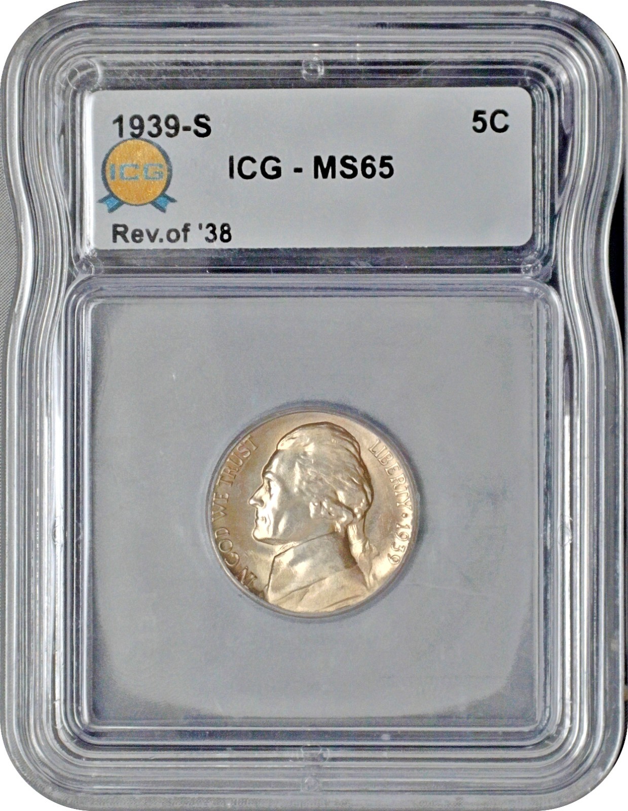 1939 S Reverse of 1938 Jefferson Nickel 5C ICG MS65 Gem Uncirculated 1939 S Reverse of 1938 Jefferson Nickel 5C ICG MS65 Gem Uncirculated