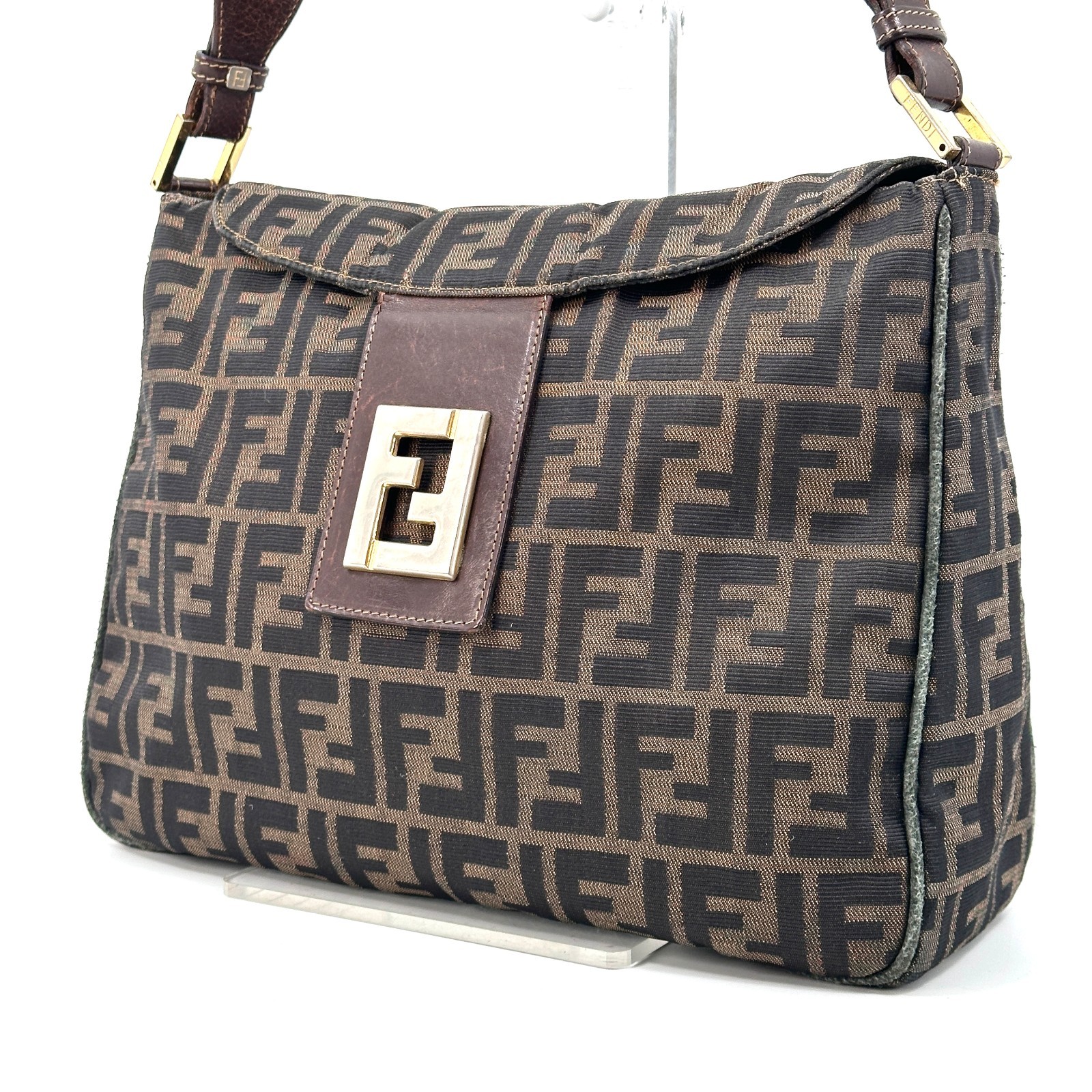 Fendi Mamma Baguette Shoulder Bag Zucca FF Gold Canvas Authentic 358T0361