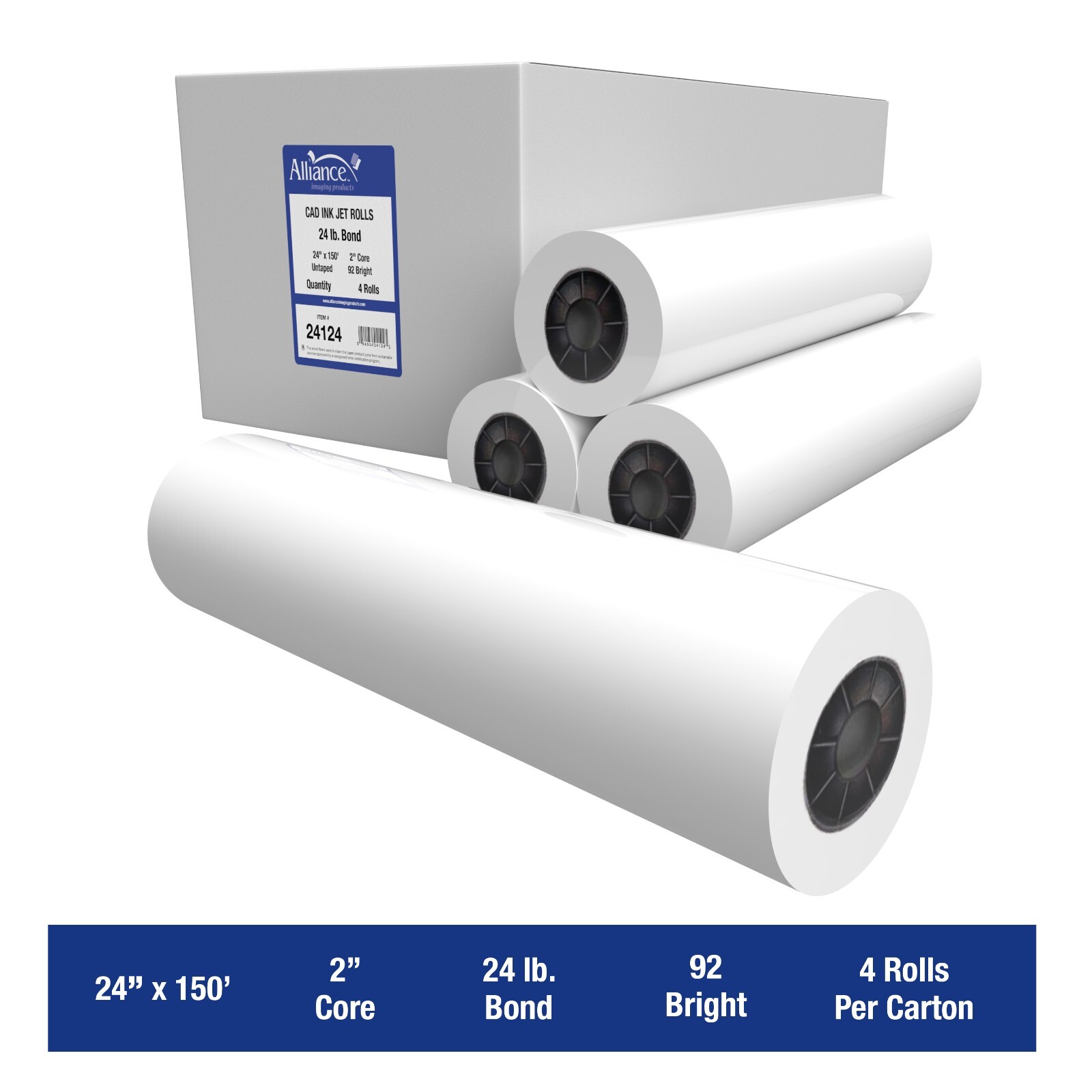 Alliance Wide Format Paper 24� x 150' CAD Bond 92 Bright 24lb. 4 Rolls w/2