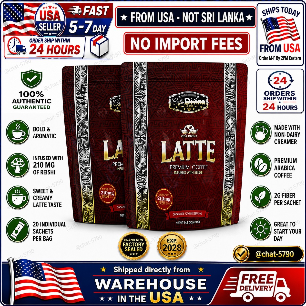 VlDA DlVlNA Cafe DlVlNA Latte Reishi Coffee 40 Sachets/2 Pack  SEALED🚚FromUSA🚚
