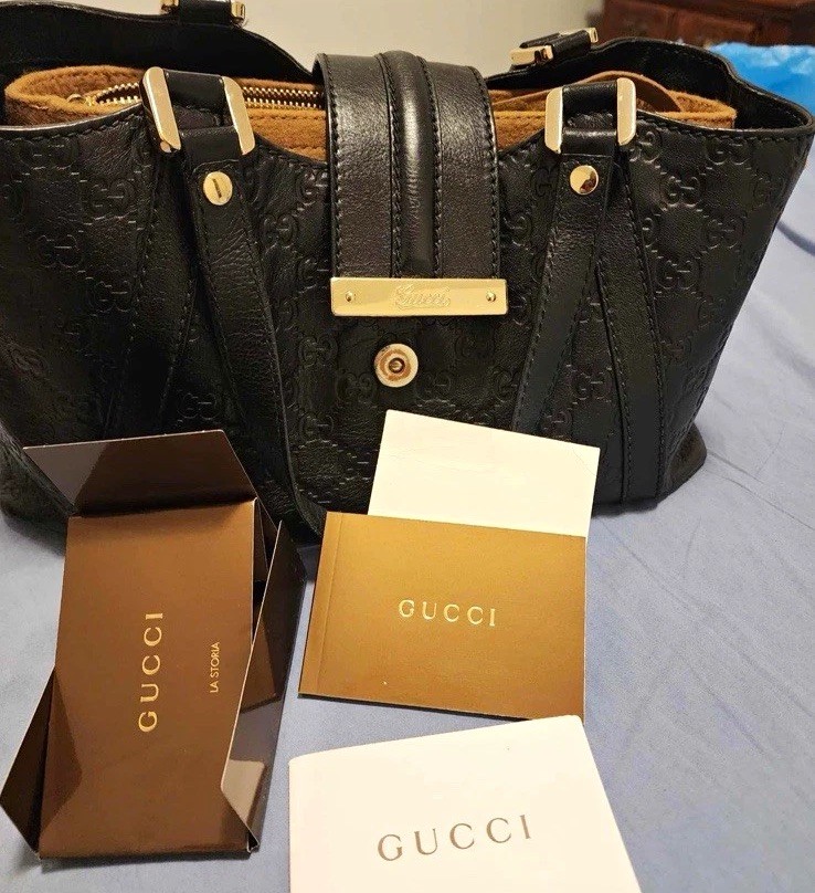 Gucci GG Pattern Black Satchel Top Handle Bag Gold Hardware Zip Inner Pockets