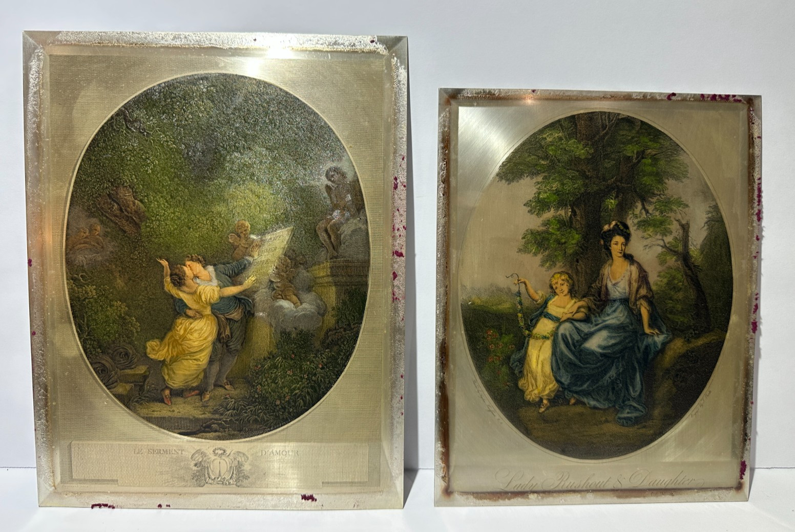 Pair Early 20th C Colored Engravings on Metal Kauffmann Fragonard Dupont Mathieu