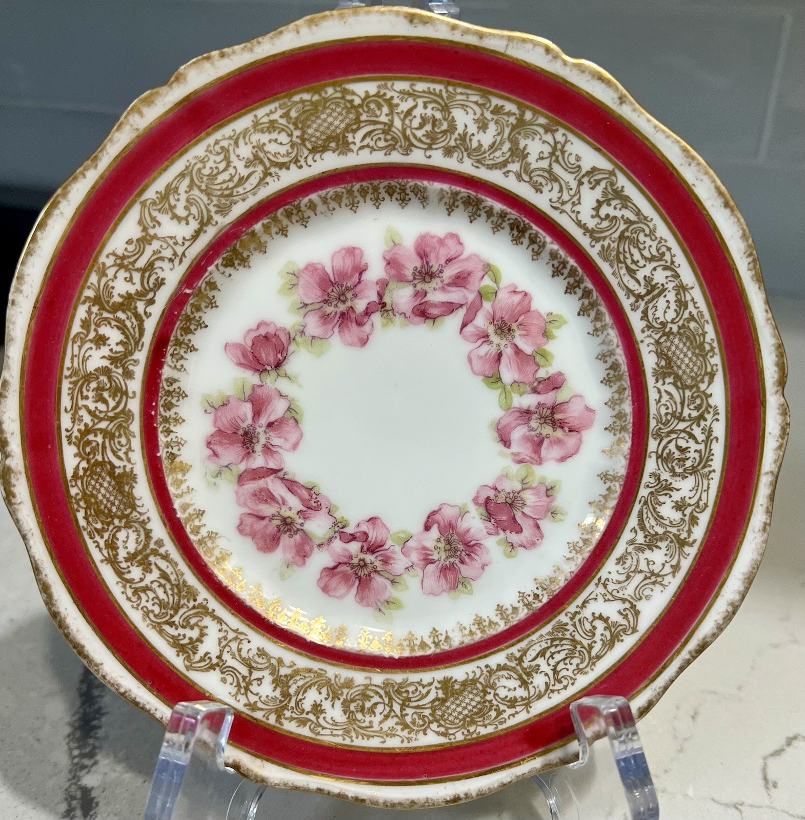 Antique Limoges Theodore Haviland Plate Pink Flowers Red Trim & Gold Gilt EUC