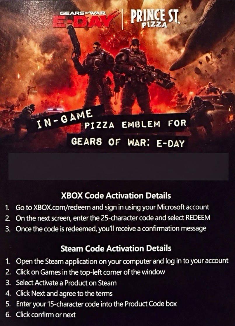 Gears of War: E-Day DLC - Prince St. Pizza In-Game Pizza Emblem Xbox/PC Gears of War: E-Day DLC - Prince St. Pizza In-Game Pizza Emblem Xbox/PC