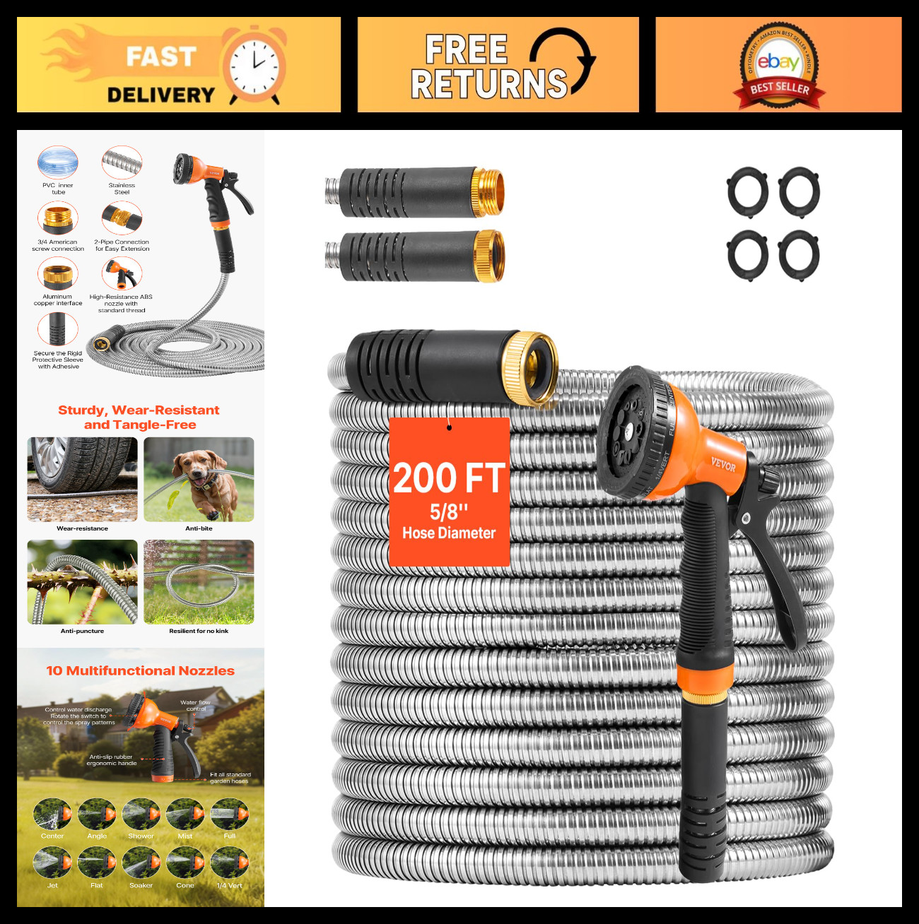 Heavy Duty 200ft Metal Garden Hose, No-Kink Flexible with 10-Function Nozzle, Ru