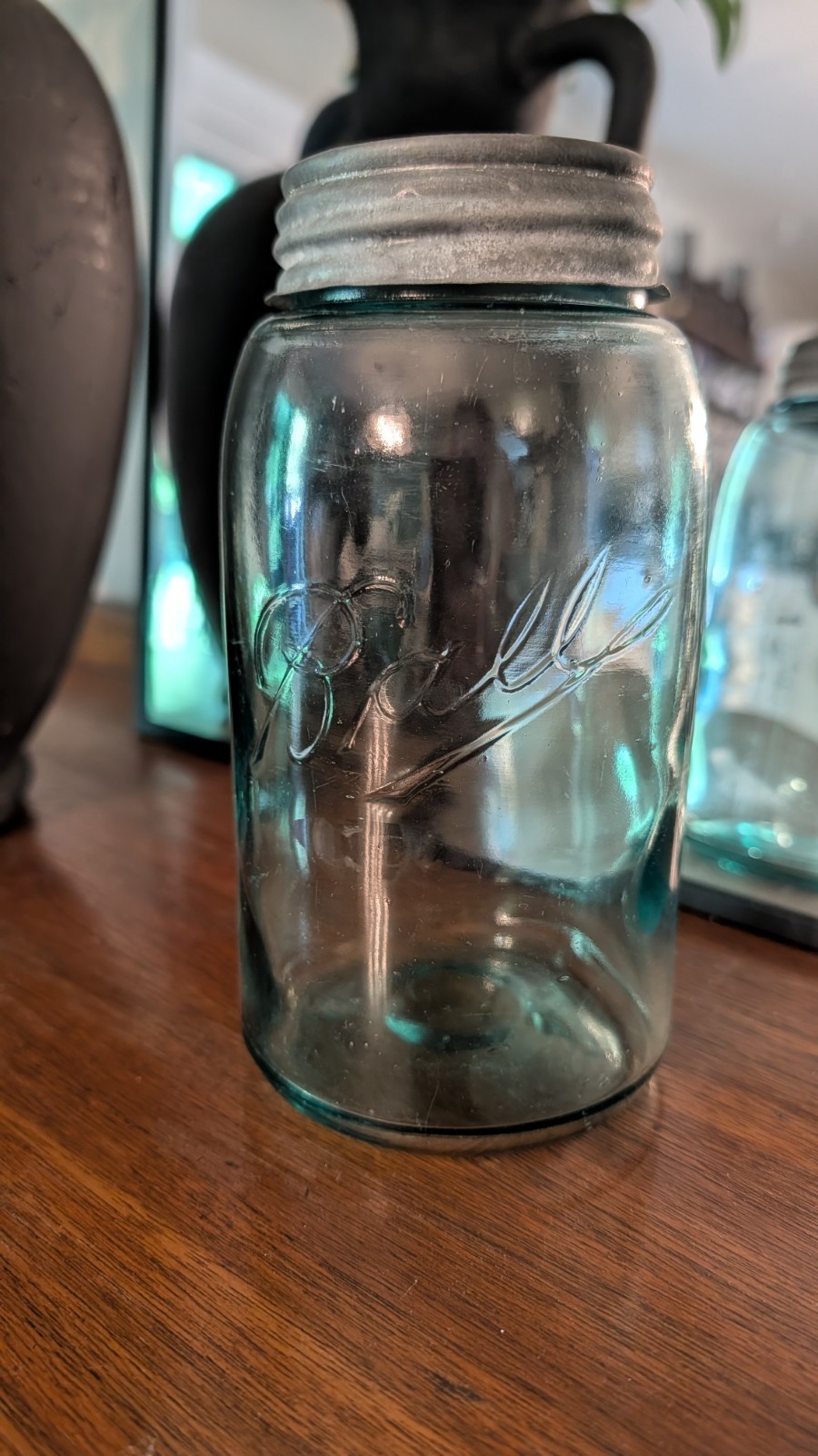 Vintage Triple-L Ball Mason Jar Aqua Blue Quart Base Marks S and 5 w/ zinc lid