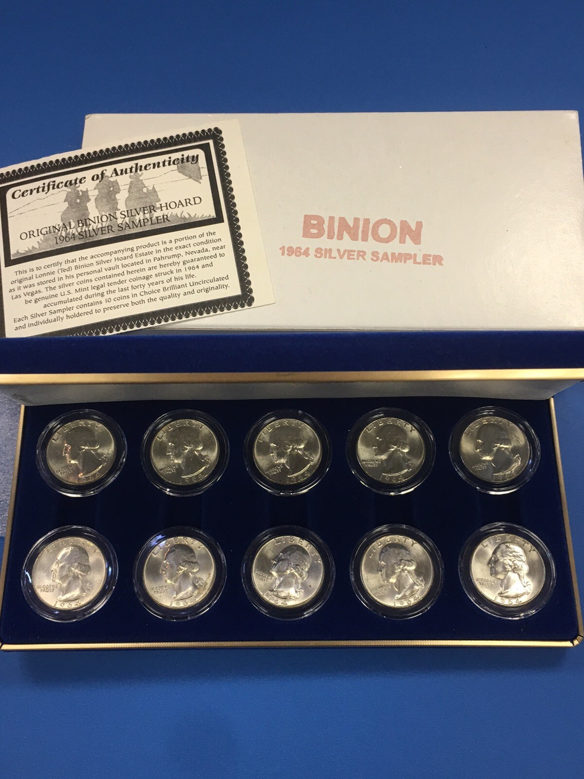 10 BU 1964D WASHINGTON SILVER QUARTERS FROM THE BINION HOARD SILVER SAMPLER CASE 10 BU 1964D WASHINGTON SILVER QUARTERS FROM THE BINION HOARD SILVER SAMPLER CASE