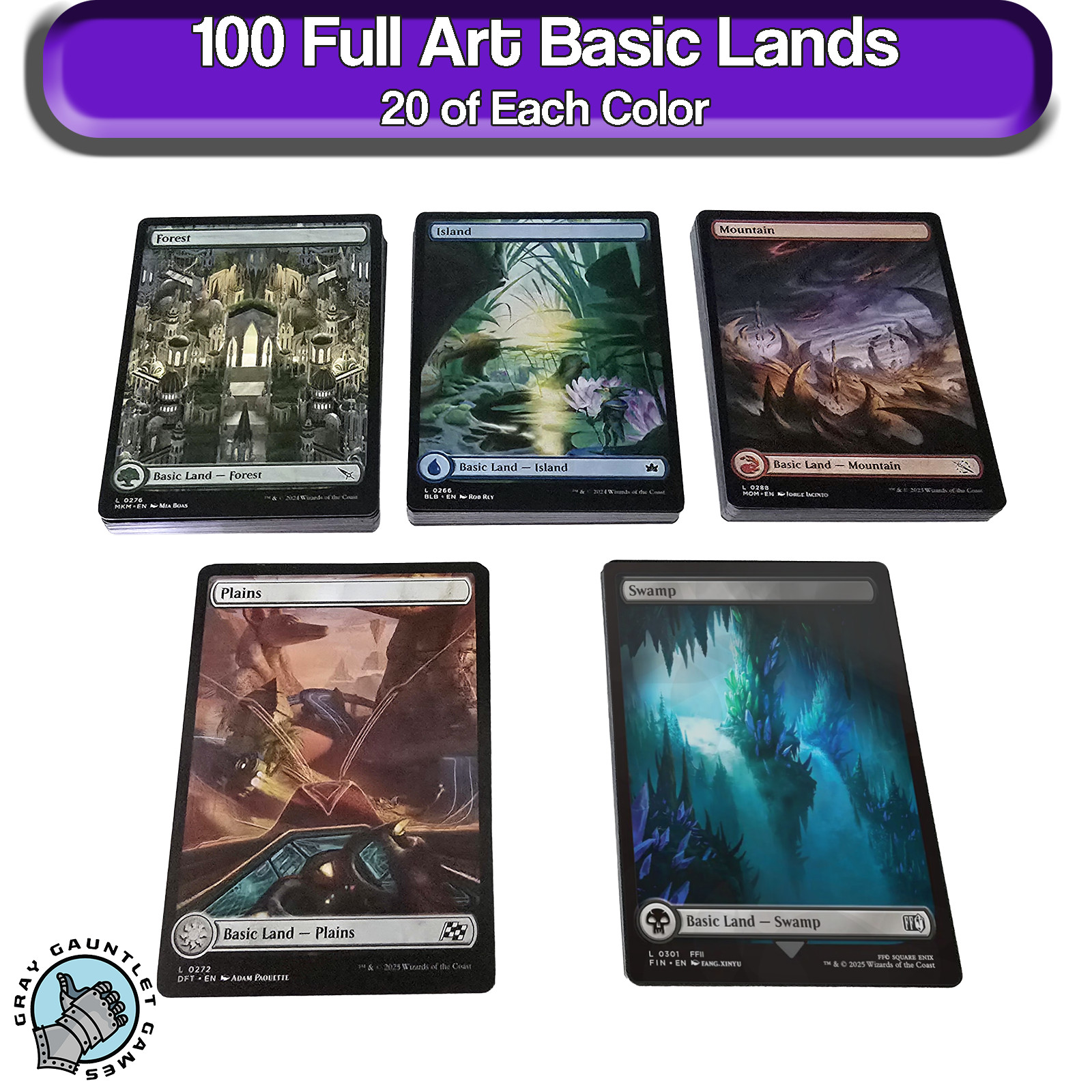 100 FULL ART Basic Lands MTG 20 of Each Color Magic The Gathering Bulk Lot Mana